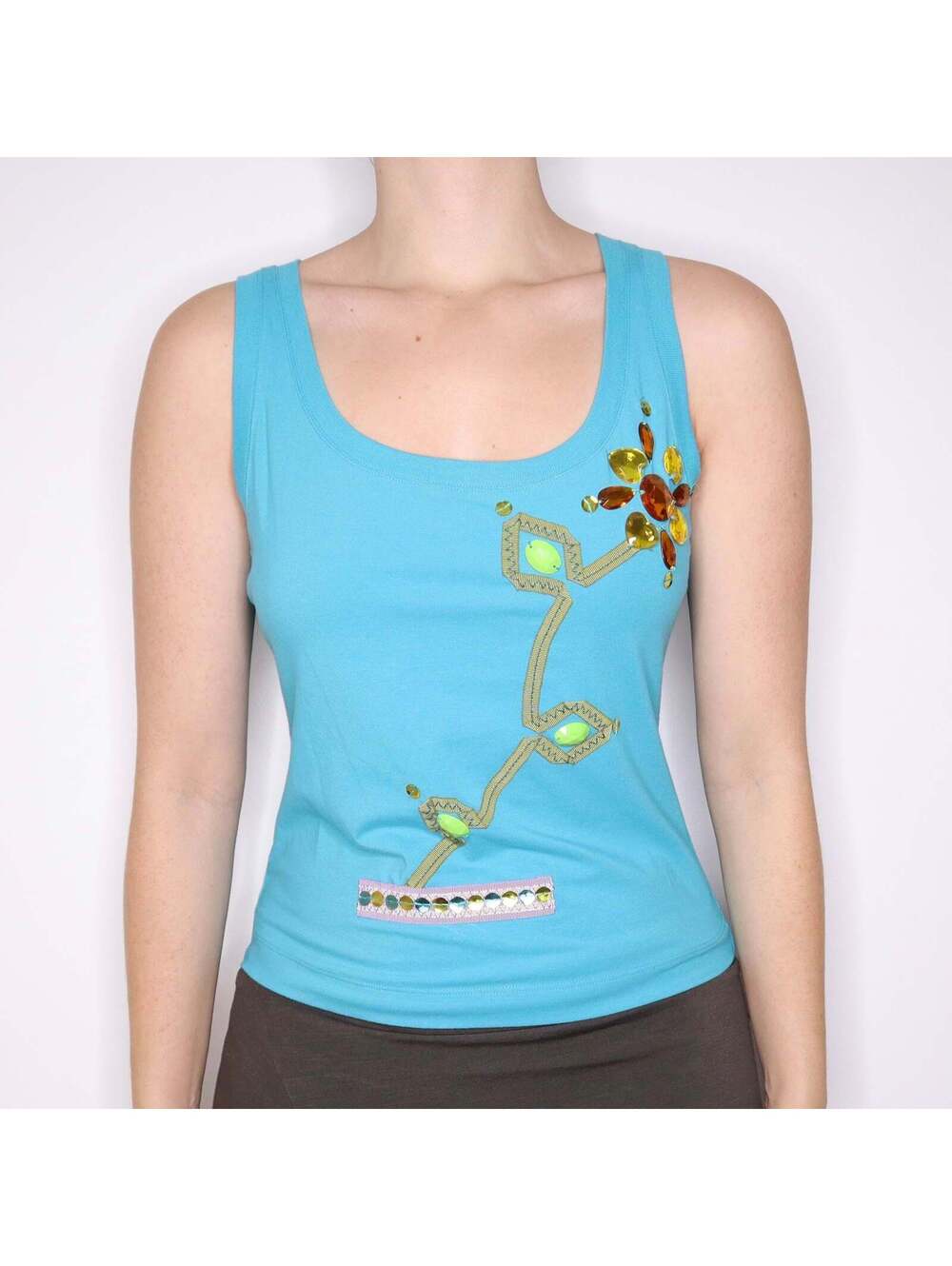 Y2K MOSCHINO Teal Bejeweled Tank Top (L)